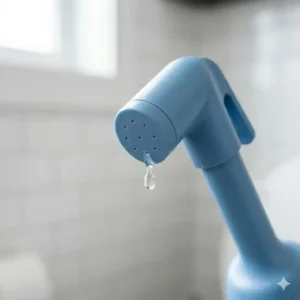 Close-up of the precision angled nozzle on a blue bidet spray bottle.