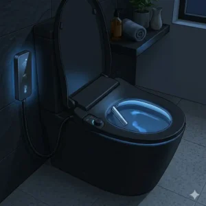 A glossy black toilet with bidet seat featuring a soft blue LED nightlight glowing in a dimly lit modern bathroom.