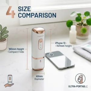 A scale comparison showing the small and travel-friendly size of a portable electric bidet.