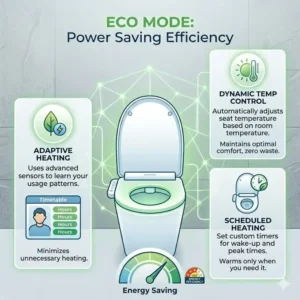 A digital illustration highlighting the energy-efficient eco mode of an electronic toilet heated seat.