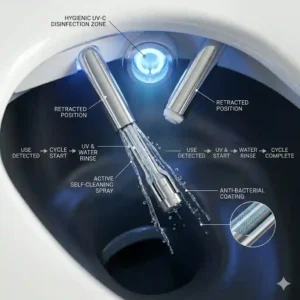 Close-up of a hygienic self-cleaning bidet nozzle retracting into a modern automatic wc seat.