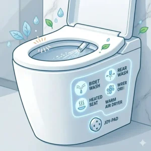 Visual guide to the smart features of premium tankless toilets including integrated bidets and heated seating.