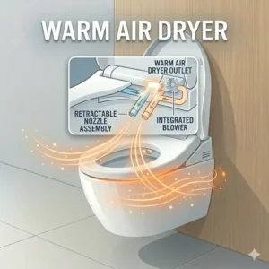 An illustration demonstrating the built in warm air dryer feature of an electronic japanese wc bidet.