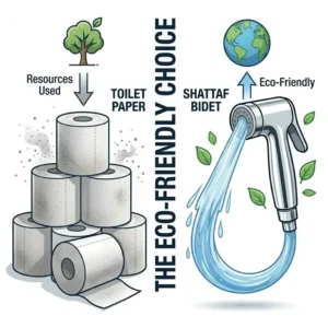 Infographic comparing the environmental impact of using a shattaf bidet versus traditional toilet paper.