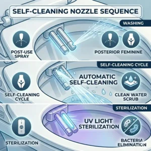 Illustration demonstrating the automatic UV light self-cleaning nozzle cycle of a high-end best bidet toilet combo.