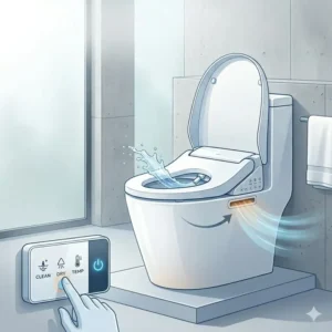 Minimalist smart bidet toilet with dryer installed in a modern bathroom.
