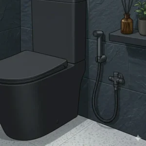A contemporary restroom design showing a black toilet with bidet sprayer wand attached to the side wall.