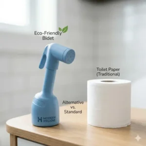 A bidet spray bottle placed next to toilet paper as an eco-friendly hygiene alternative.