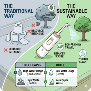 Graphic illustrating how using a portable electric bidet helps save trees and reduce toilet paper waste.