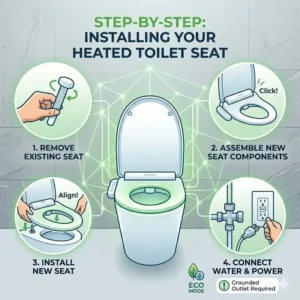 A DIY guide illustration showing how to safely install and plug in a toilet heated seat.