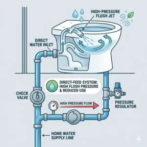 A technical plumbing diagram illustrating how tankless toilets connect directly to the water supply for high-pressure flushing.