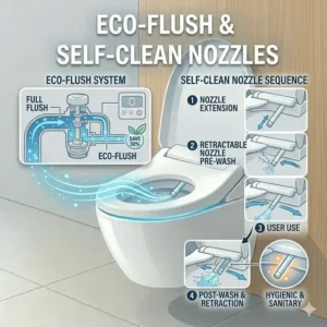 An infographic explaining the water saving smart flush system of a japanese wc bidet.