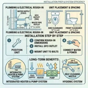 Installation guide diagram showing the plumbing and electrical rough-in requirements for a bidet wc combo.