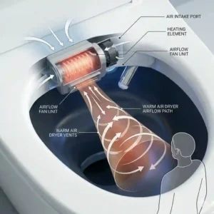 Technical illustration showing the gentle warm air dryer airflow path inside an automatic wc seat bowl.