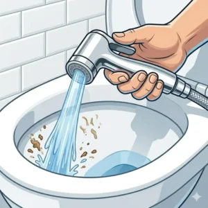 Using a handheld shattaf bidet to easily rinse and clean the toilet bowl.