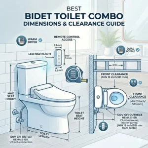 A dimensional blueprint illustration showing the required spacing to install a best bidet toilet combo in a bathroom.