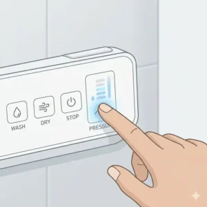 User adjusting the water pressure settings on a bidet toilet with dryer.