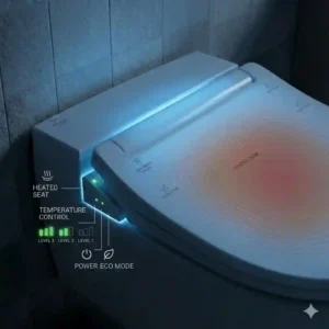 Ambient blue LED nightlight illuminating a smart automatic wc seat in a dark bathroom.
