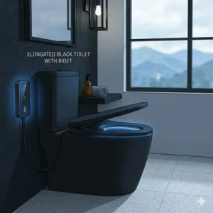 An elongated black toilet with bidet function showcasing the ergonomic seat design in a residential bathroom.