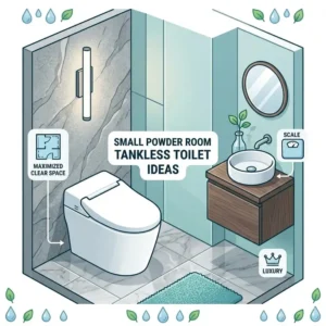 Creative interior design ideas for small powder rooms using compact tankless toilets to maximize available space.