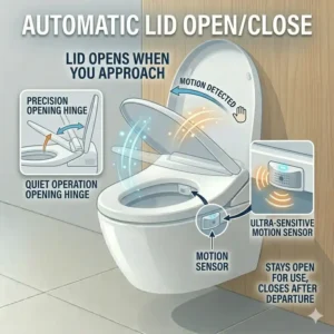 Illustration of a smart japanese wc bidet with an automatic motion activated open and close lid.