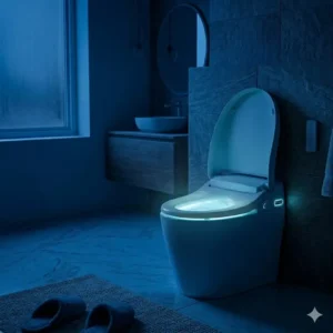 A softly illuminated bathroom at night featuring a smart toilet heated seat with a blue LED nightlight.