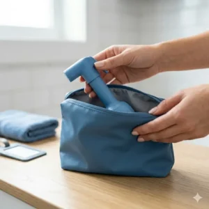 A waterproof travel pouch designed to store a bidet spray bottle discretely.