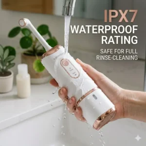 An illustration of a portable electric bidet being submerged in water to demonstrate its waterproof capability.