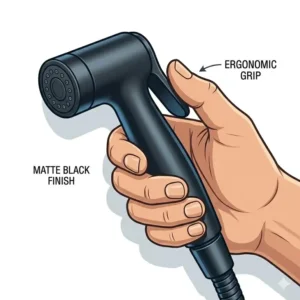 Detailed view of an ergonomic matte black shattaf bidet handle designed for a comfortable grip.