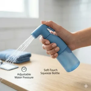 Demonstrating how to squeeze a bidet spray bottle for adjustable water pressure.