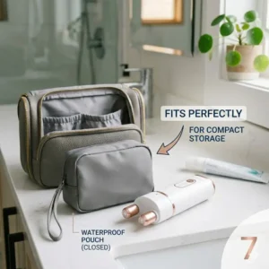 A compact carrying pouch designed to store a portable electric bidet discreetly in a suitcase.