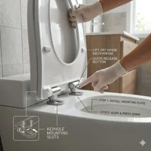 Step-by-step bathroom DIY guide showing how to mount an automatic wc seat using quick-release installation buttons.