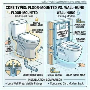 Illustration comparing the structural differences between floor-mounted and wall-hung bidet wc combo models.