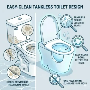 Anatomical drawing of the seamless one-piece design that makes tankless toilets much easier to clean and maintain.