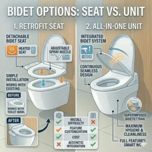 Step by step guide illustration for installing a retrofitted japanese wc bidet seat onto a standard toilet bowl.