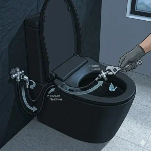 Step-by-step plumbing installation guide showing how to connect a washlet seat onto a black toilet with bidet functions.