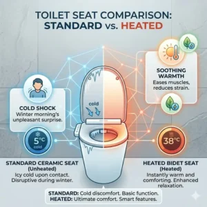 A comparison graphic showing the difference between a cold standard ceramic seat and a warm toilet heated seat.