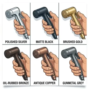 A variety of shattaf bidet sprayers in different finishes including brushed gold, silver, and matte black.