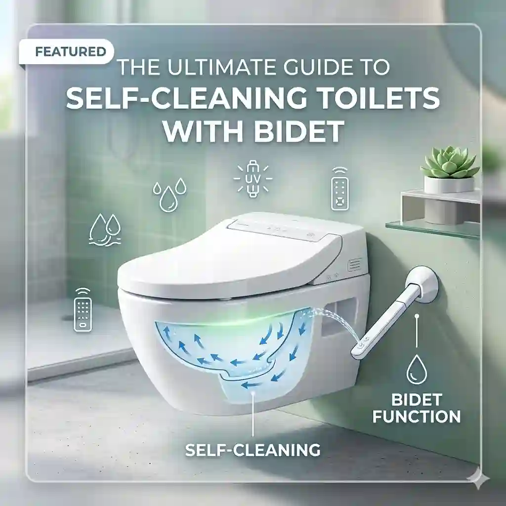 A luxury modern bathroom featuring a sleek, floor-mounted self cleaning toilet with bidet and its remote control.