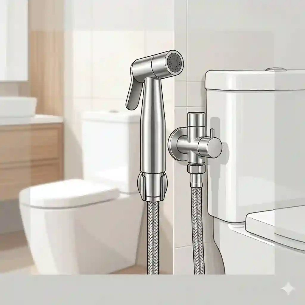 A sleek, modern stainless steel bidet handheld sprayer mounted on a bathroom wall next to a toilet.