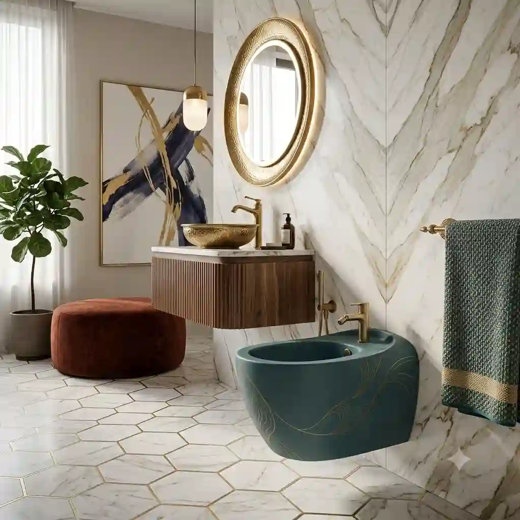A luxury bathroom featuring a designer bidet artistic aesthetic design with high-end finishes.