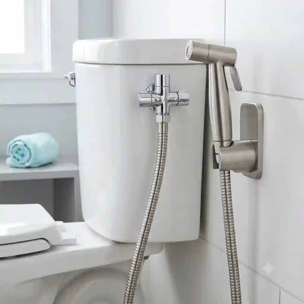 Handheld stainless steel diaper sprayer for toilet installed next to a modern bathroom commode.