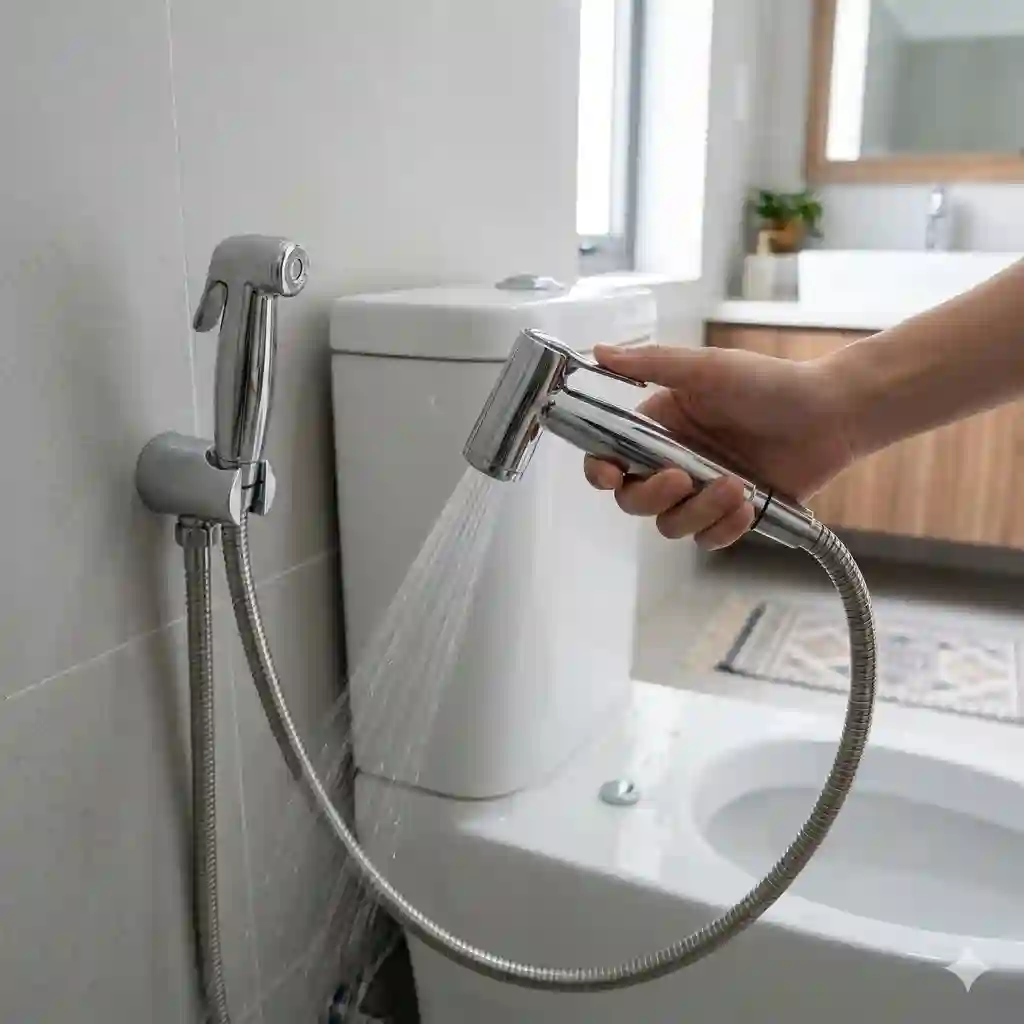 Stainless steel handheld bidet handle and sprayer head mounted next to a clean toilet in a modern bathroom setup.