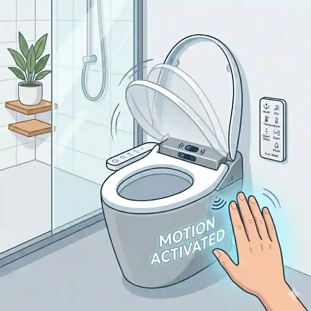 A modern luxury bathroom featuring a sleek smart auto bidet toilet with a wall-mounted control panel.