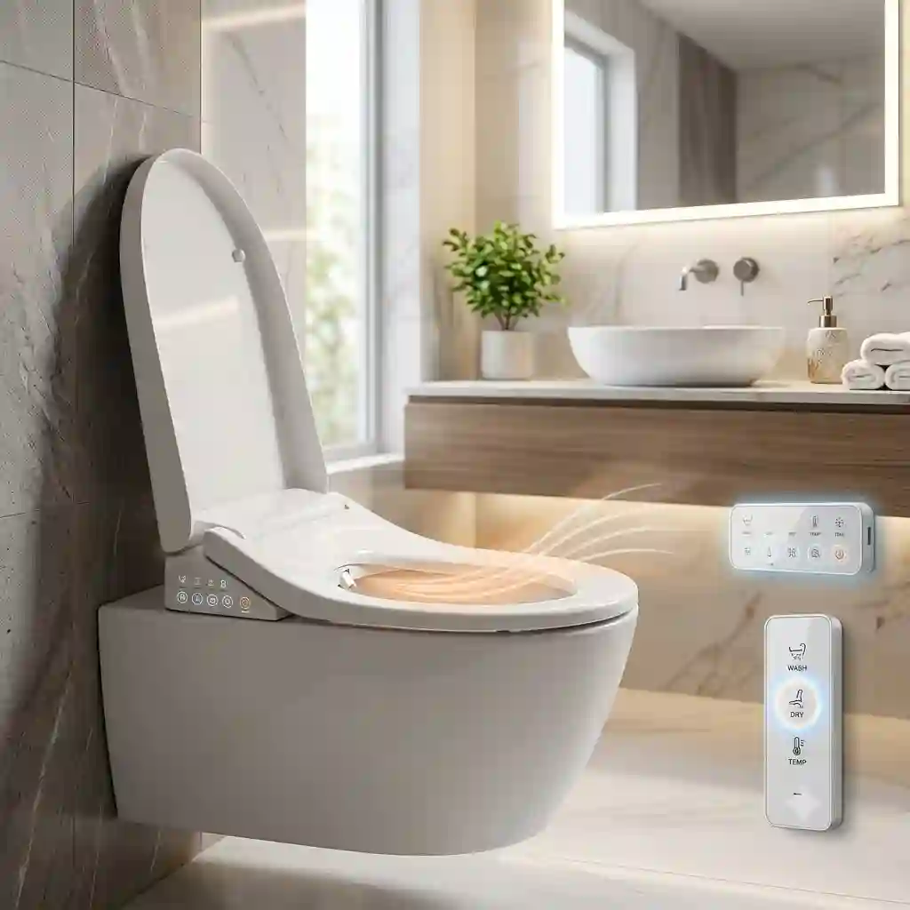 Modern smart toilet with an integrated air drying bidet function in a luxury bathroom.