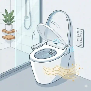 Illustration showing the automatic open and close motion sensor lid of an auto bidet toilet.