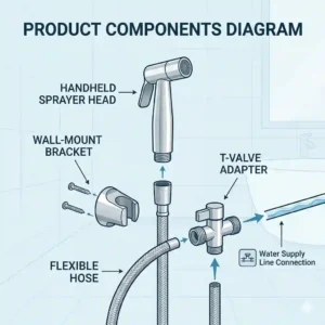 Diagram showing all parts of a standard handheld douche for toilet kit.