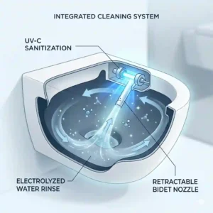 An technical illustration showing the internal UV light and electrolyzed water system of a self cleaning toilet with bidet.