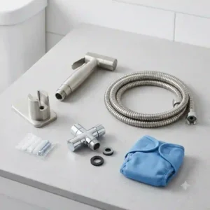 Illustration showing the complete components of a diaper sprayer for toilet kit including hose, T-valve, and mount.