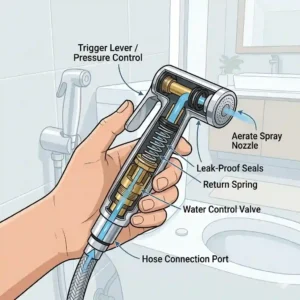 Technical diagram breakdown of a standard bidet handle showing the lever trigger, water inlet, and inner valve components.